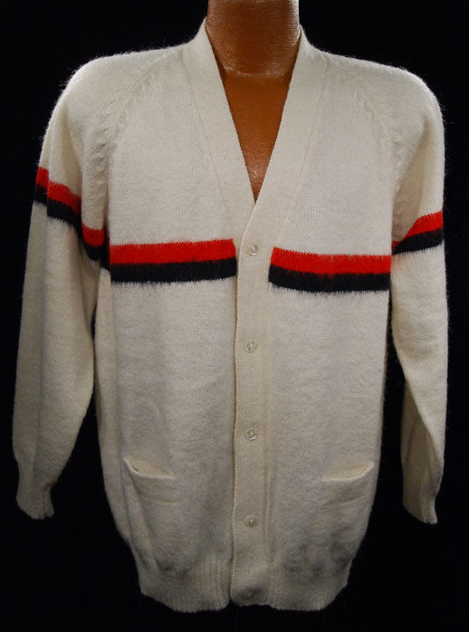 Men's White Alpaca Sweaters with Red/Blue Stripe [#337-002]