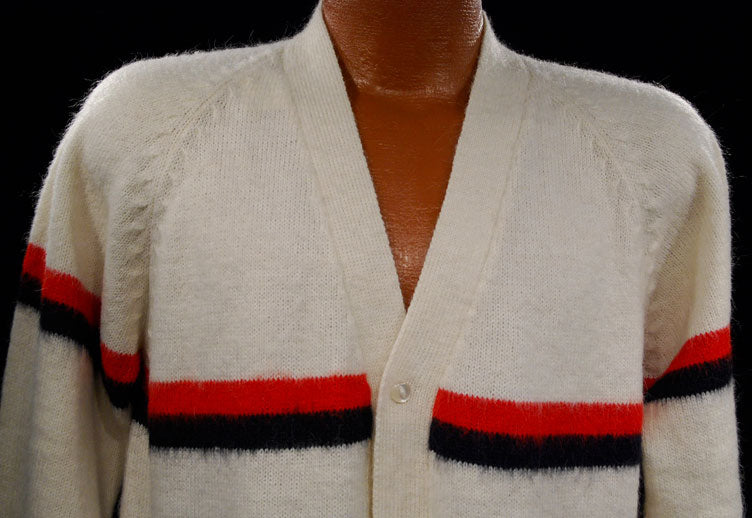 Men's White Alpaca Sweaters with Red/Blue Stripe [#337-002]