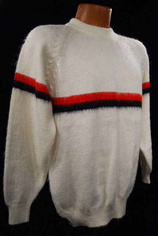 Men's White Alpaca Sweaters with Red/Blue Stripe [#337-002]