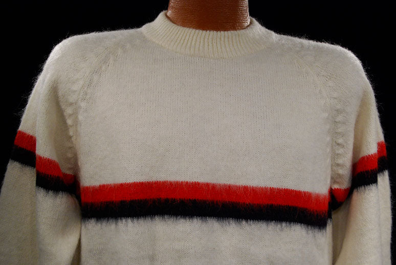 Men's White Alpaca Sweaters with Red/Blue Stripe [#337-002]