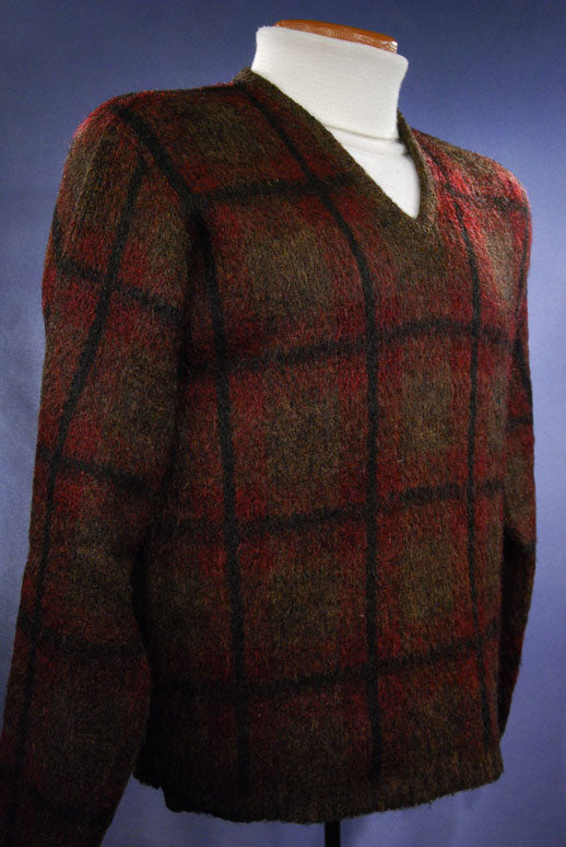 Retro Shaggy Plaid Mohair V-Neck Sweater by Shag-A-Rac Young Breed - Revere [#342-001]