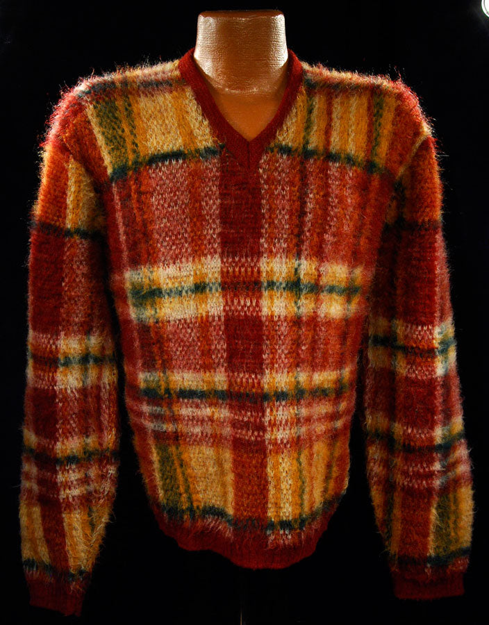 Klassischer Retro-Pullover aus zotteligem Mohair mit Karomuster und V-Ausschnitt [#500-056,201-001,602-016]