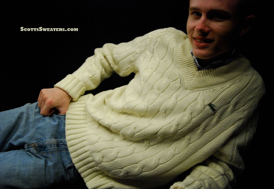 Men's Classic Retro Izod Ivory Cabled Tennis /Cricket Sweater [#605-067]