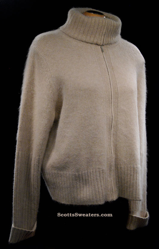 Woman's Beige Zipper-Front Angora Turtleneck Sweater