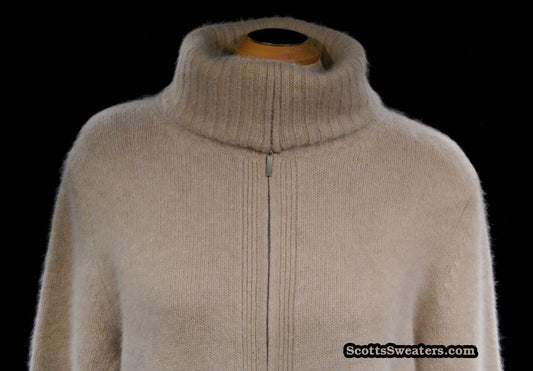 Woman's Beige Zipper-Front Angora Turtleneck Sweater
