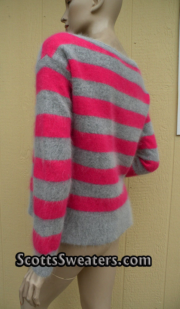 MODA Internationalのレディース ピンク＆グレー ストライプ アンゴラ カーディガン セーター