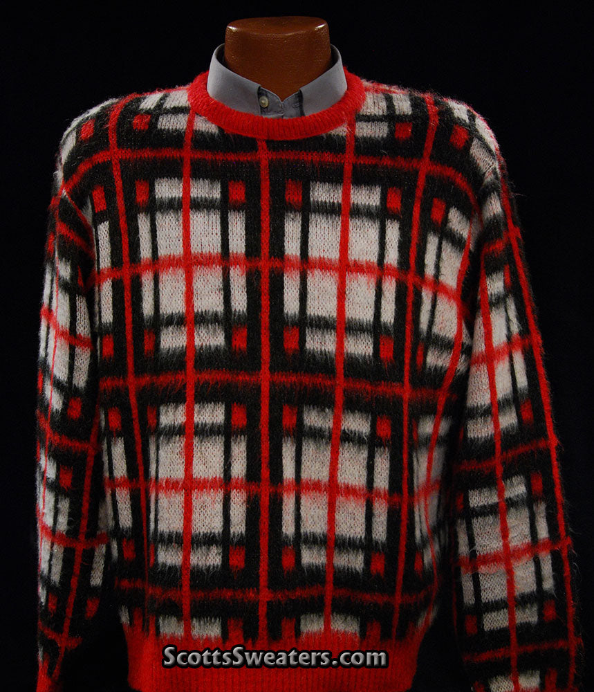 Retro Shaggy Plaid Mohair Crewneck Sweater by Towncraft (Sears) [#609-096]