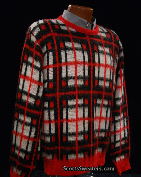 Retro Shaggy Plaid Mohair Crewneck Sweater by Towncraft (Sears) [#609-096]