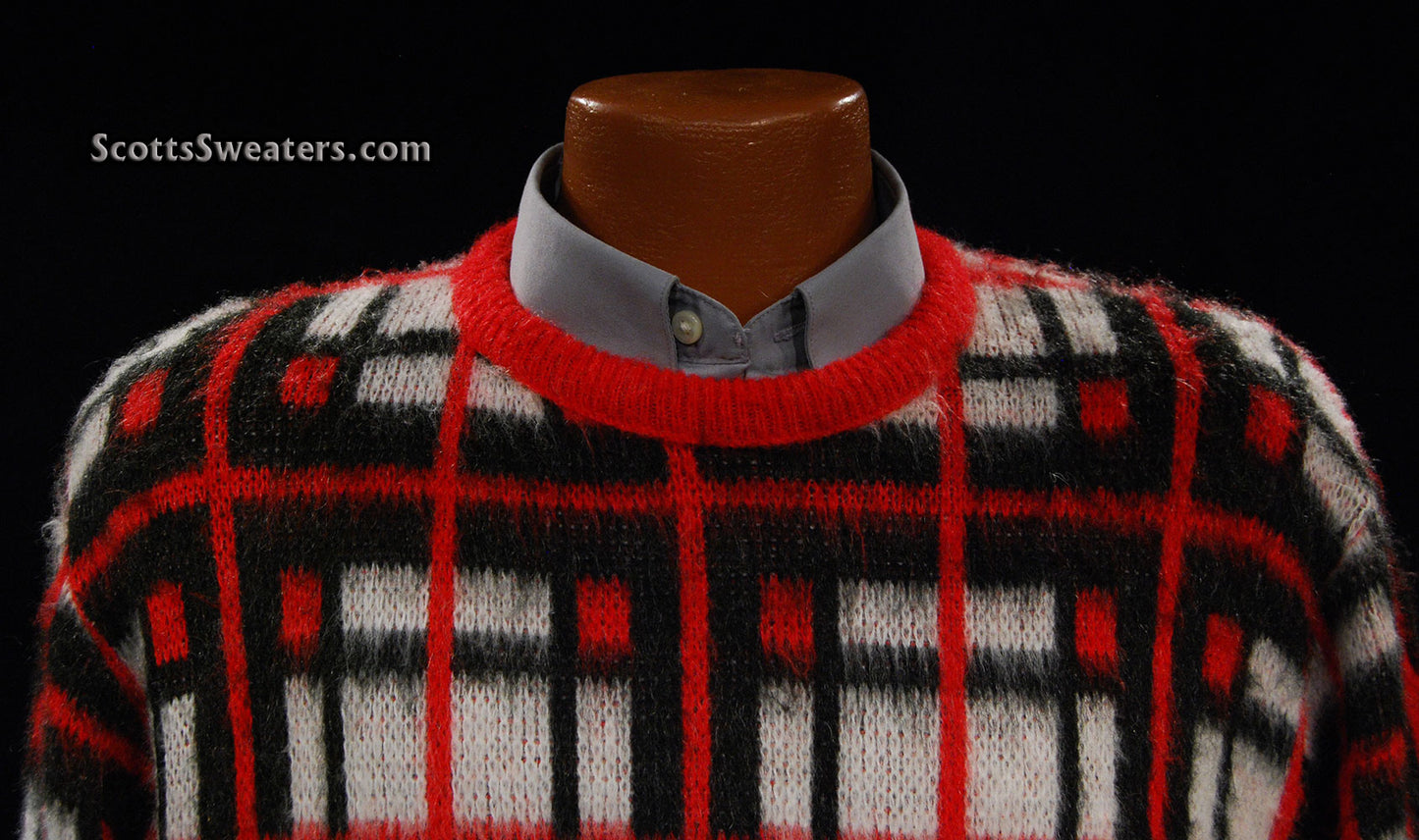 Retro Shaggy Plaid Mohair Crewneck Sweater by Towncraft (Sears) [#609-096]