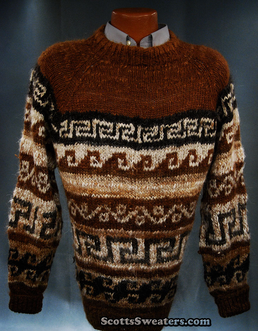 Men's Brown Native Pattern Alpaca Crewneck Sweater by Border Imports [#610-055]