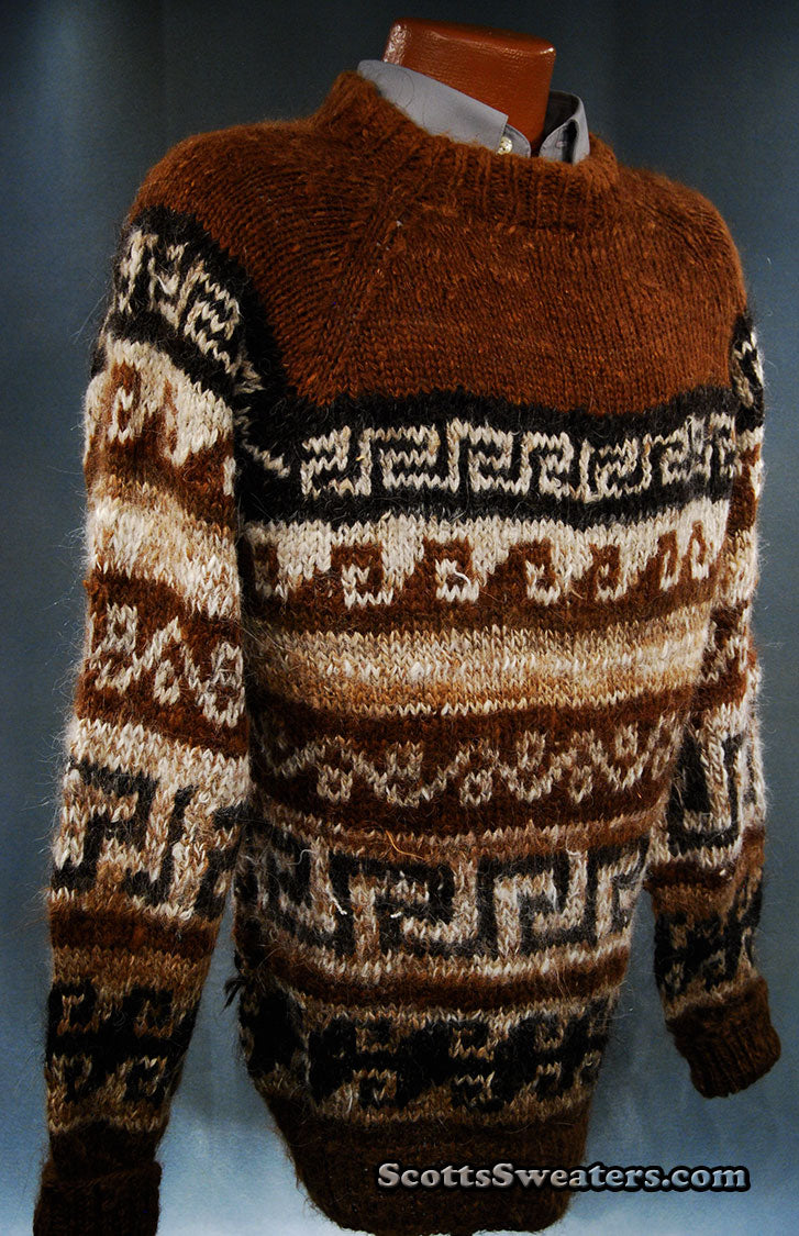 Men's Brown Native Pattern Alpaca Crewneck Sweater by Border Imports [#610-055]