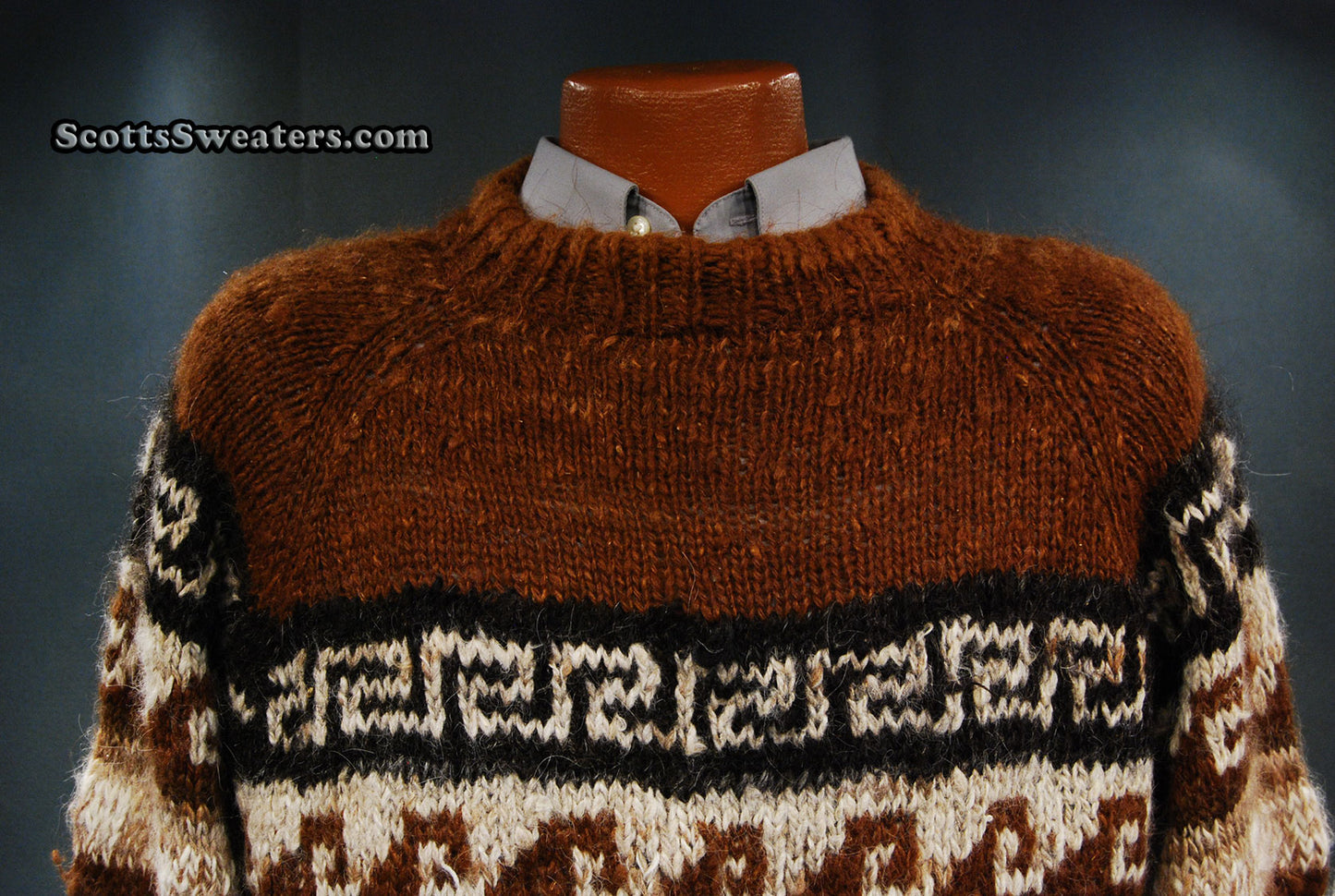 Men's Brown Native Pattern Alpaca Crewneck Sweater by Border Imports [#610-055]