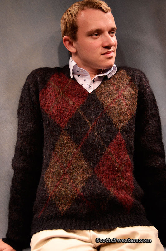 Retro Shaggy Argyle Mohair V-Neck Sweater by Parkton Casual Wear [#611-047]