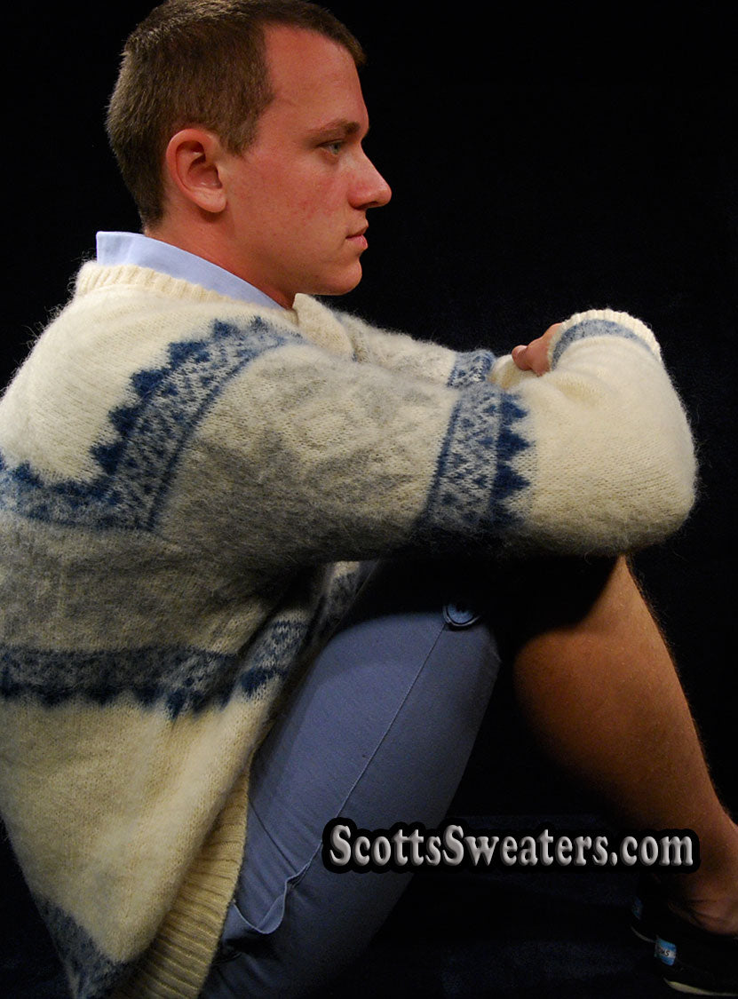 Men's Icelandic Wool Crewneck Sweater with Blue Design by Samband of Iceland [#611-088]