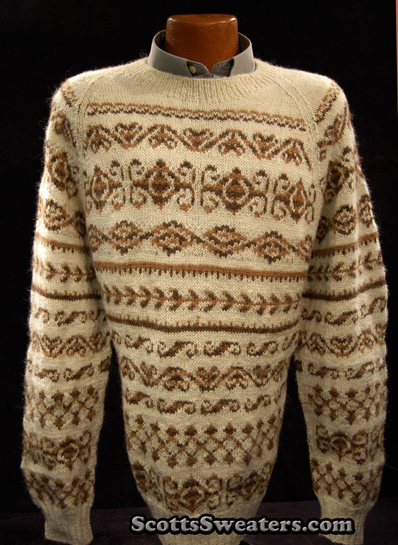 Men's Ivory Geometric Pattern Alpaca Crewneck Sweater by Fotrama [#611-089]