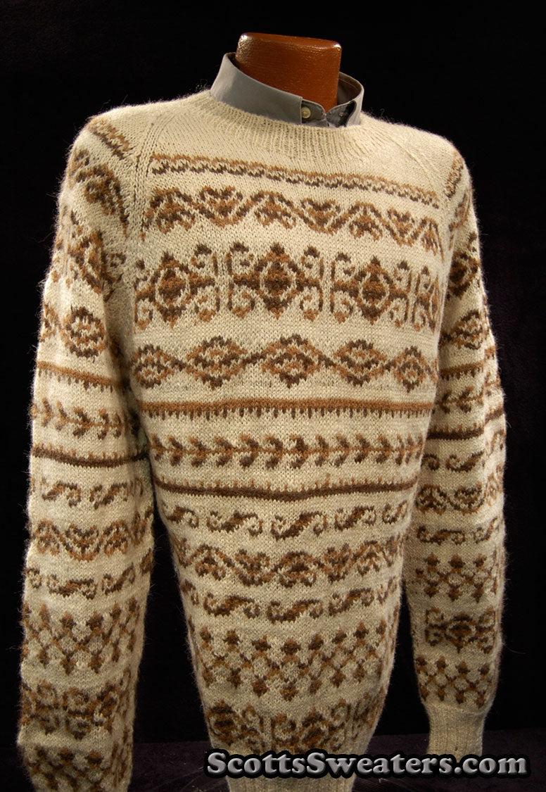 Men's Ivory Geometric Pattern Alpaca Crewneck Sweater by Fotrama [#611-089]