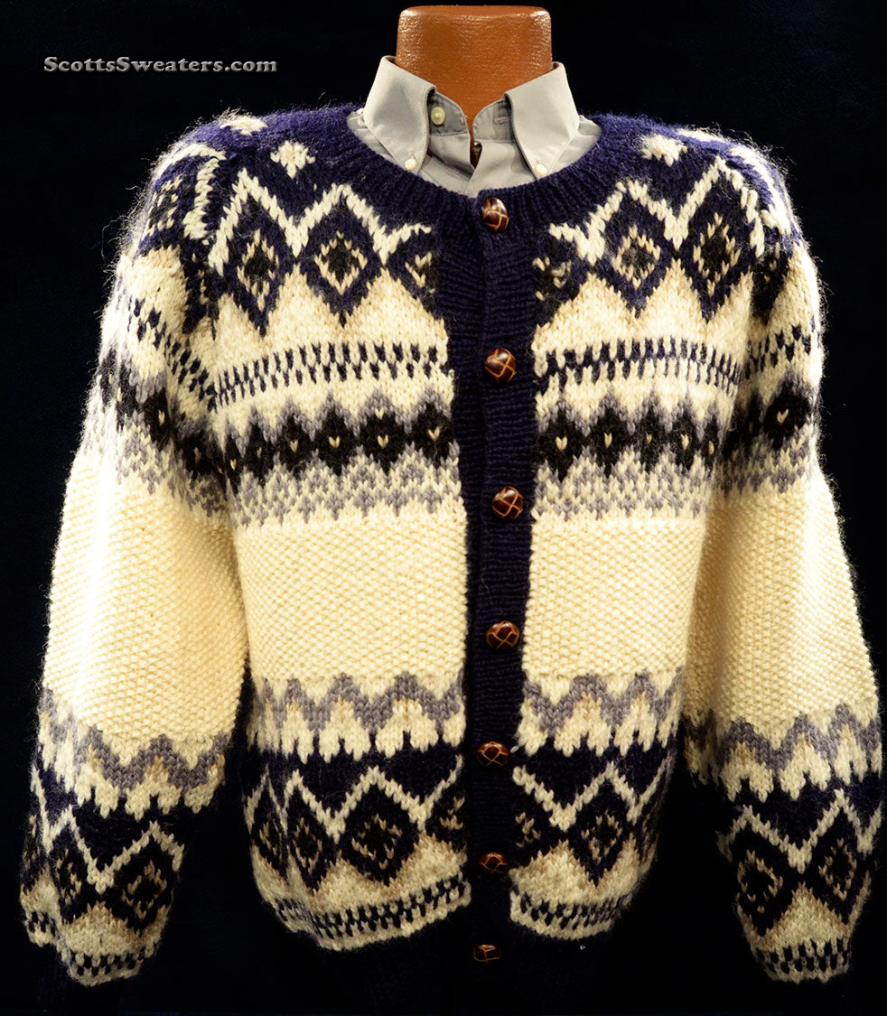 Men's Icelandic Wool Cardigan Sweater with Navy-Blue Design by Swing Boat [#612-082]