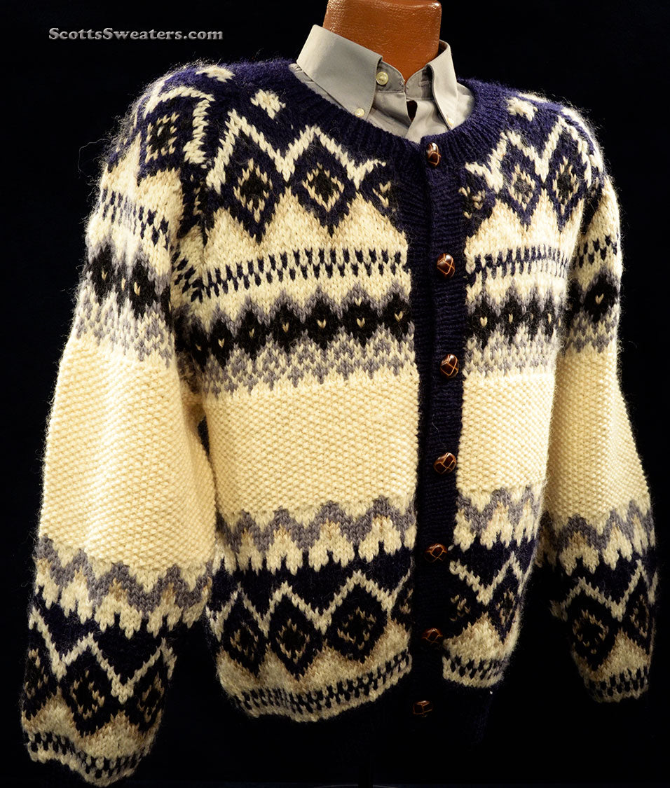 Men's Icelandic Wool Cardigan Sweater with Navy-Blue Design by Swing Boat [#612-082]