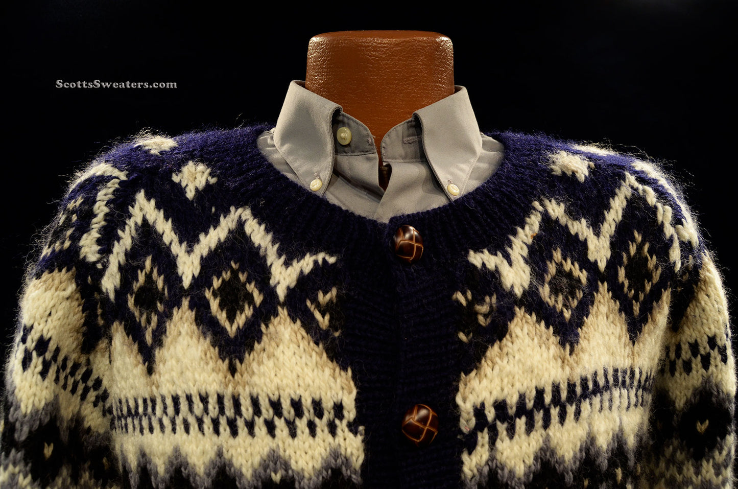 Men's Icelandic Wool Cardigan Sweater with Navy-Blue Design by Swing Boat [#612-082]