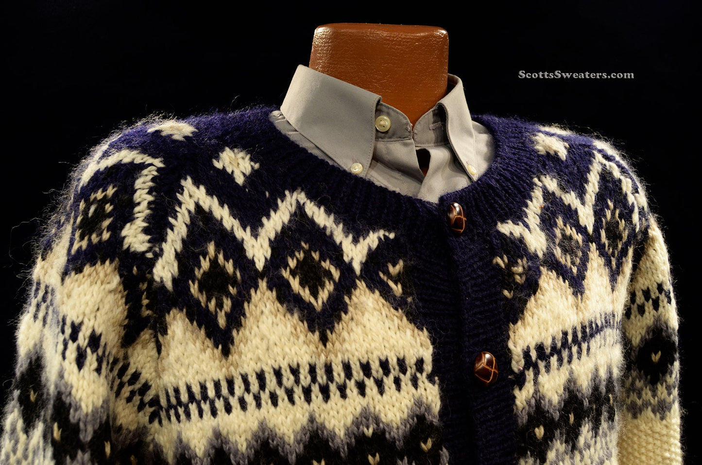 Men's Icelandic Wool Cardigan Sweater with Navy-Blue Design by Swing Boat [#612-082]