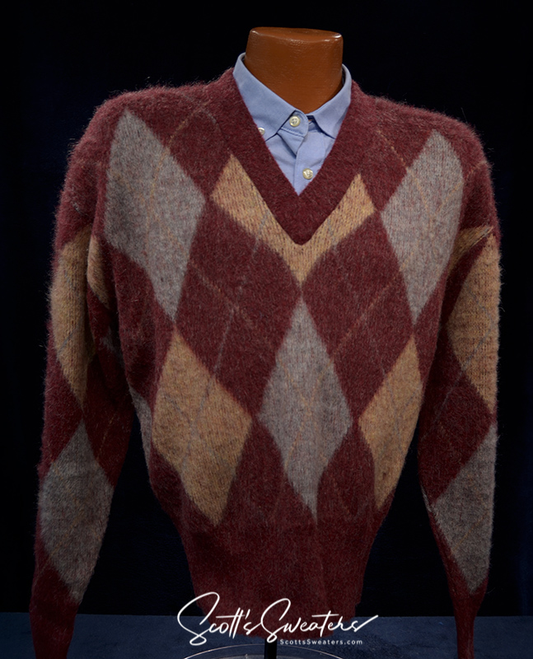 Retro Shaggy Argyle Mohair V-Neck Sweater by Kennington [#612-092]