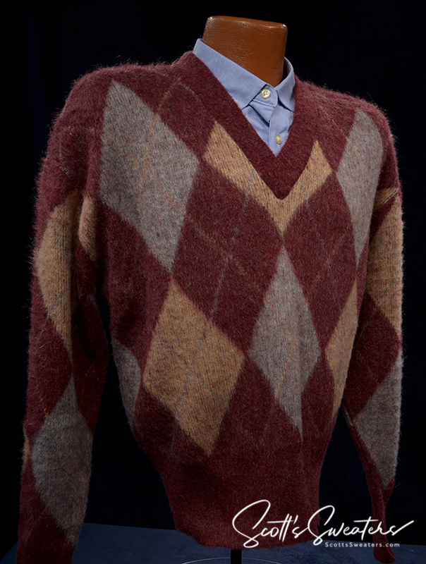 Retro Shaggy Argyle Mohair V-Neck Sweater by Kennington [#612-092]