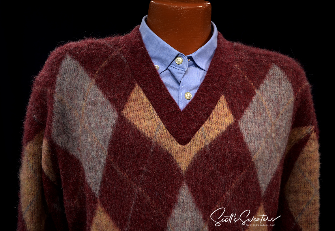 Retro Shaggy Argyle Mohair V-Neck Sweater by Kennington [#612-092]