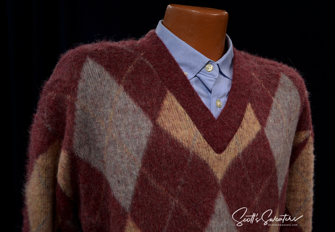 Retro Shaggy Argyle Mohair V-Neck Sweater by Kennington [#612-092]