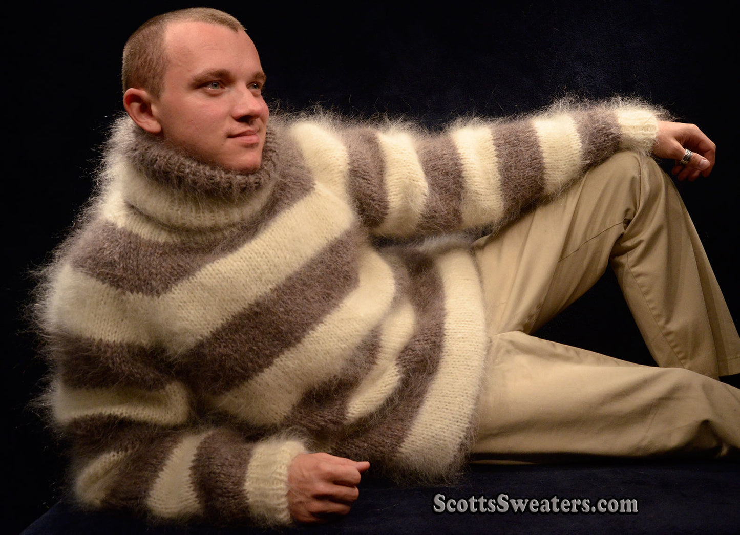 Men's Handknit Striped Turtleneck Mohair Sweater [#612-093]