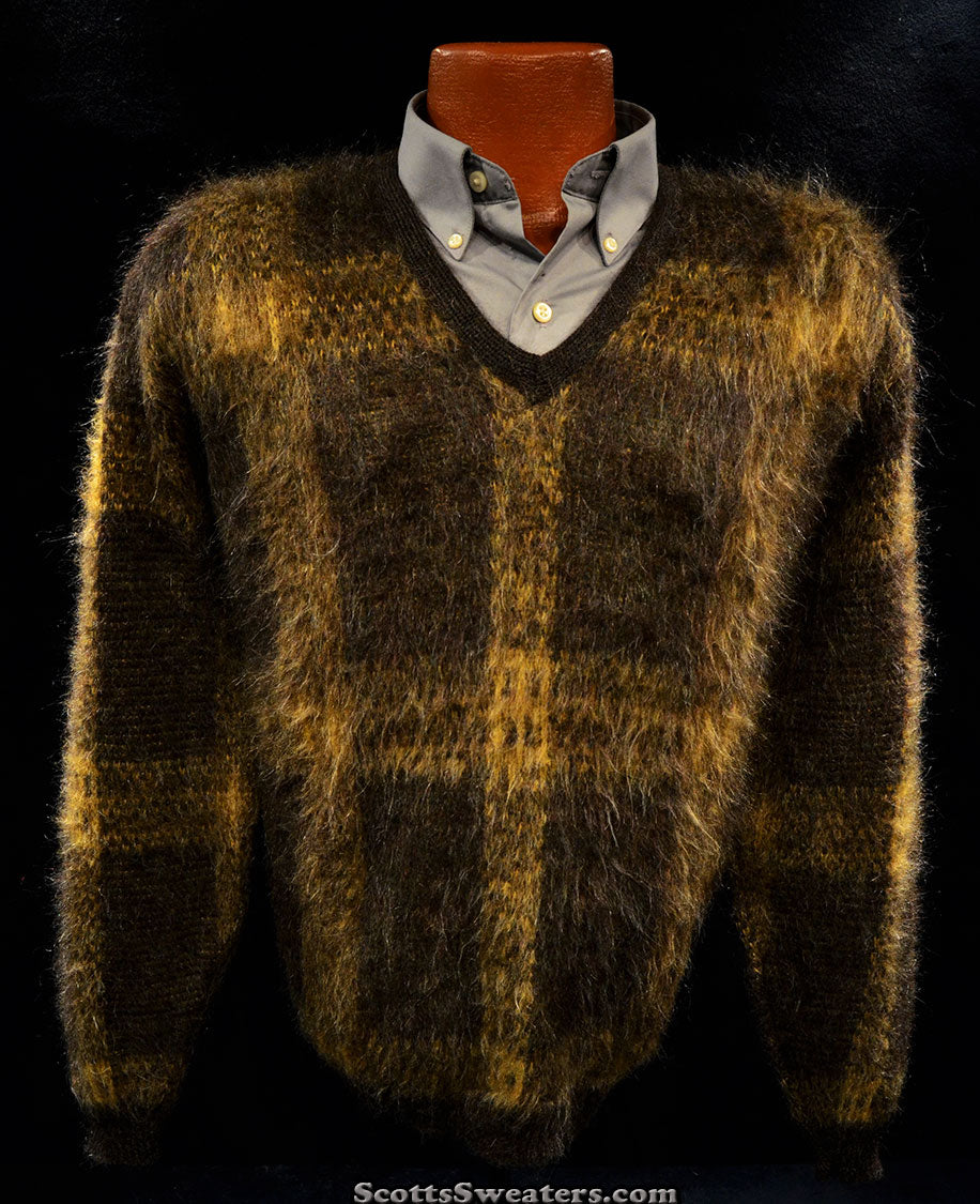 Retro Shaggy Plaid Mohair V-Neck Sweater by Alps Shag-A-Pac [#613-057]