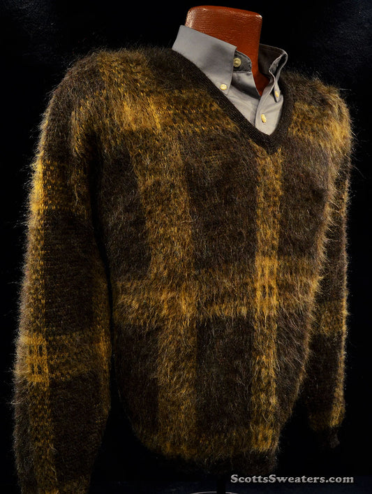 Retro Shaggy Plaid Mohair V-Neck Sweater by Alps Shag-A-Pac [#613-057]