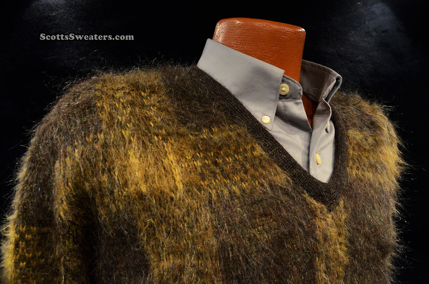 Retro Shaggy Plaid Mohair V-Neck Sweater by Alps Shag-A-Pac [#613-057]