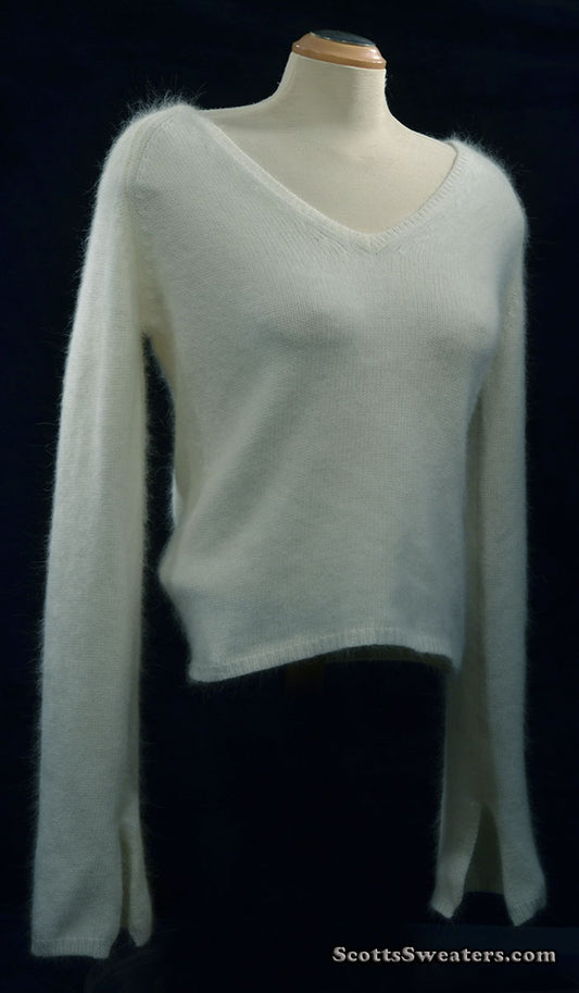 Woman's White Angora Split-cuffs V-neck Sweater by H&M