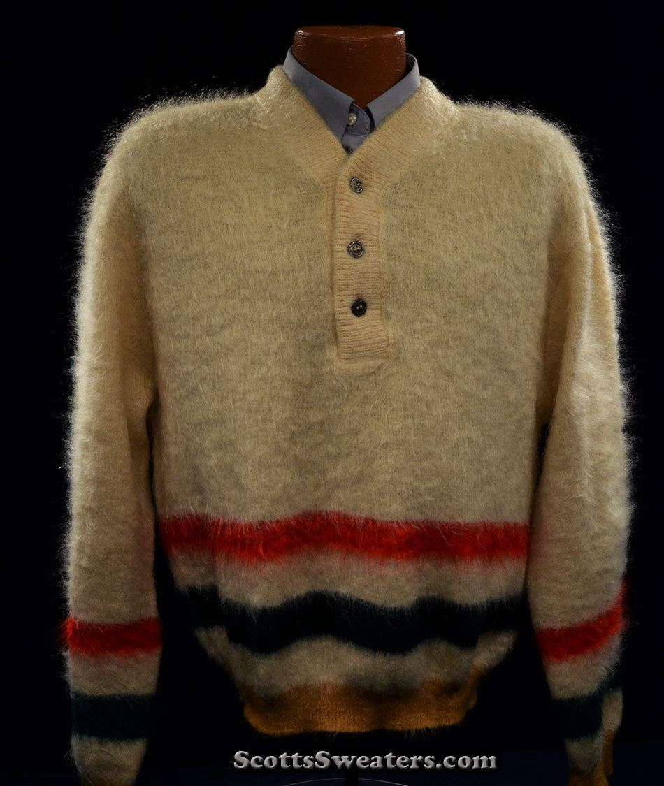 Retro Shaggy Mohair Henley-Neck Sweater by h.i.s. [#614-048]