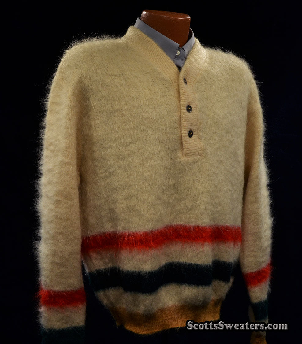 Retro Shaggy Mohair Henley-Neck Sweater by h.i.s. [#614-048]