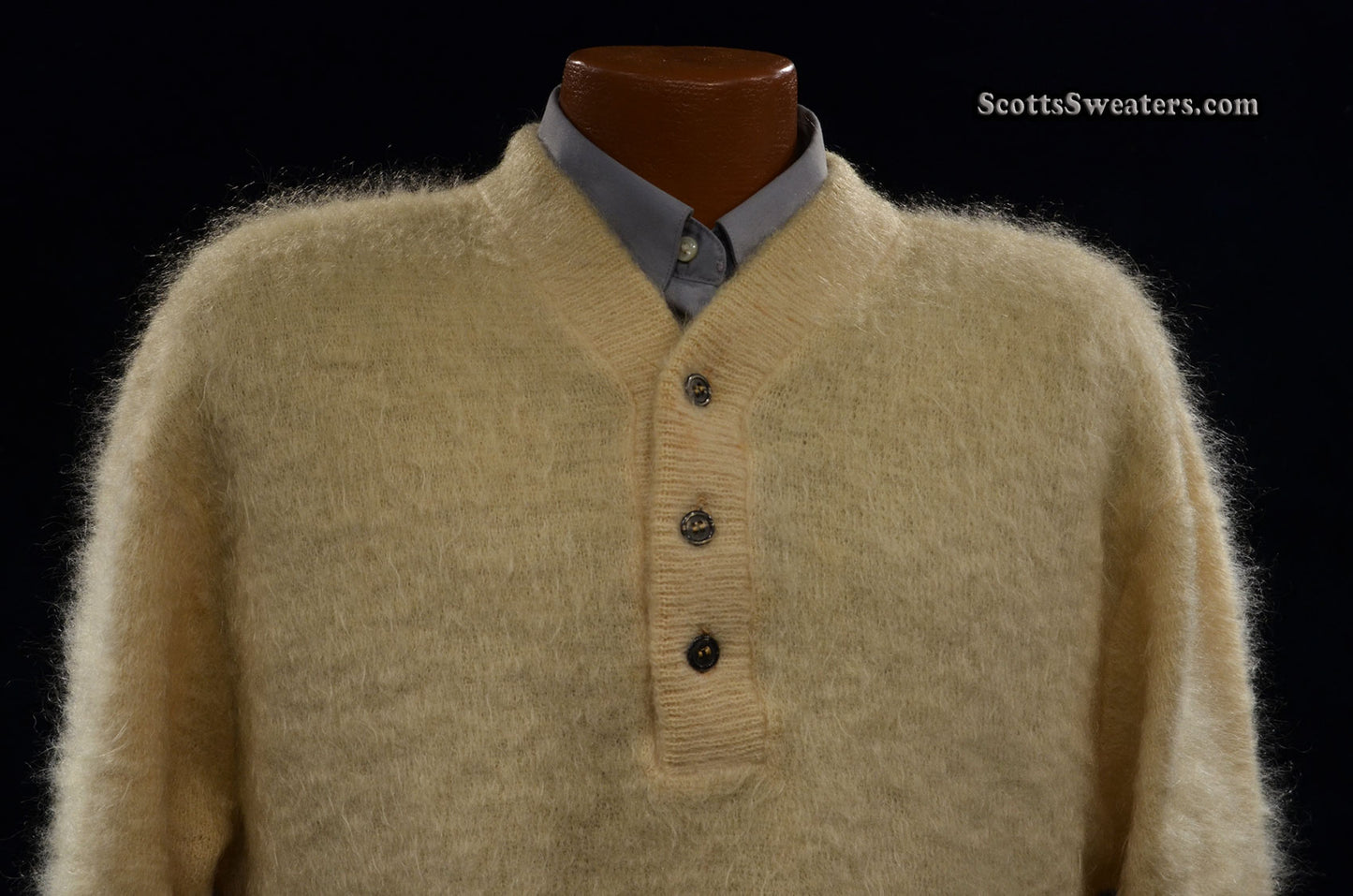 Retro Shaggy Mohair Henley-Neck Sweater by h.i.s. [#614-048]