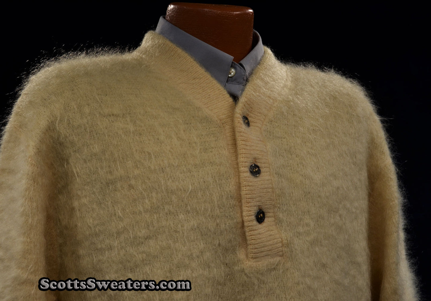 Retro Shaggy Mohair Henley-Neck Sweater by h.i.s. [#614-048]