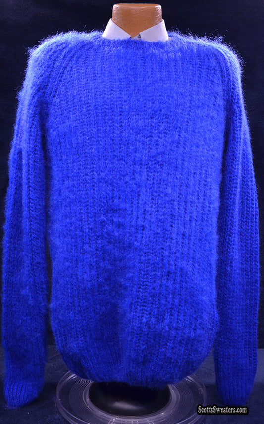 Men's Electric-blue Hand-knit Crewneck Mohair Sweater [#615-011]