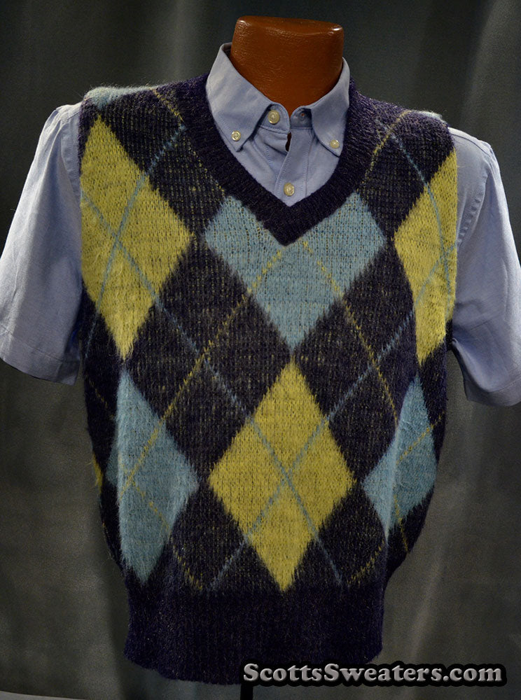 Retro Shaggy Argyle Mohair V-Neck Sweater Vest by Kennington [#616-020]