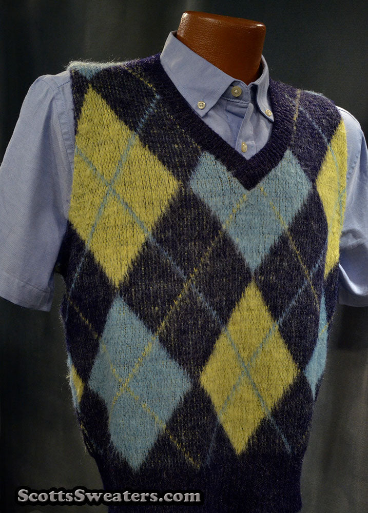 Retro Shaggy Argyle Mohair V-Neck Sweater Vest by Kennington [#616-020]