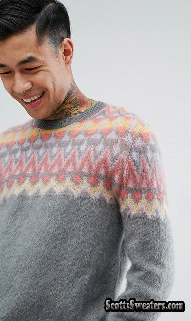 Men's Crewneck Mohair Sweater in Fair Isle Design [#616-050]