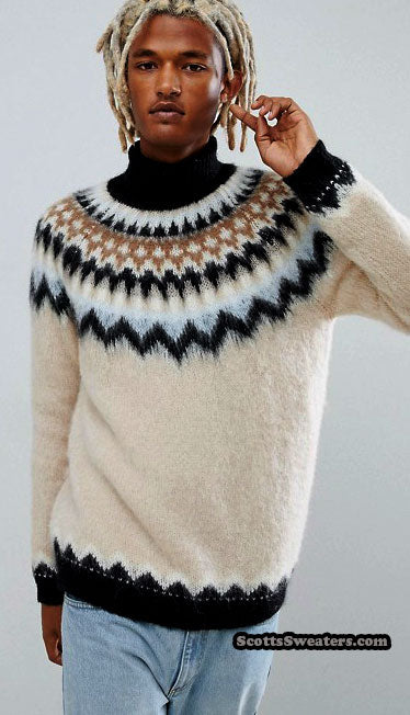 Men's Turtleneck Mohair Sweater in Fair Isle Design [#617-015]