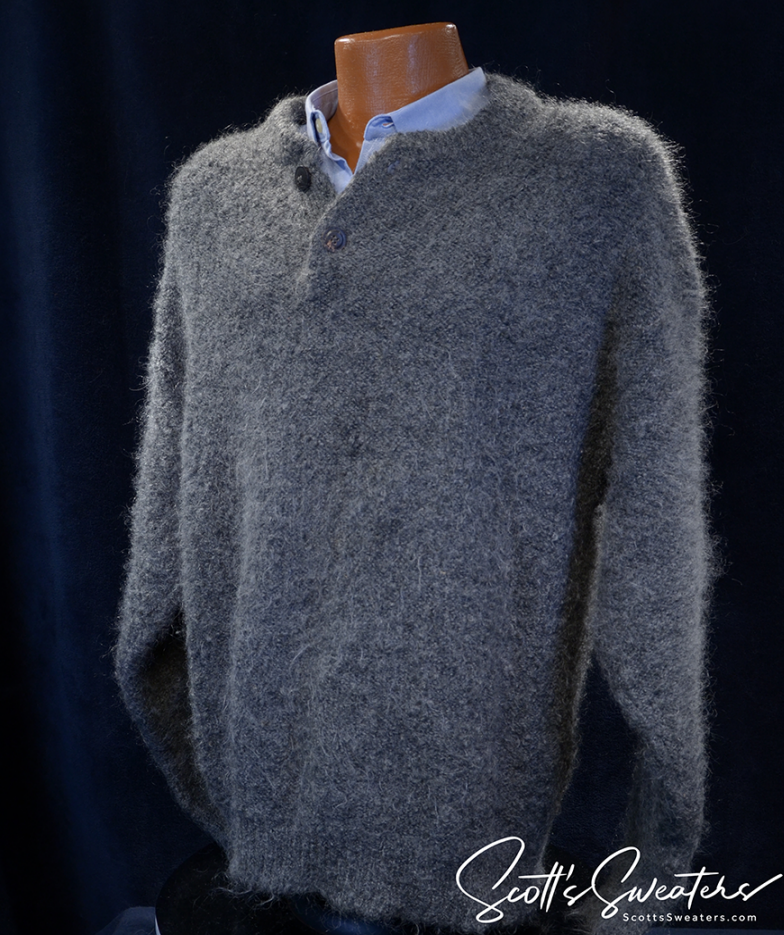 Men's Grey Henley-style pullover Mohair Sweater [#617-059]