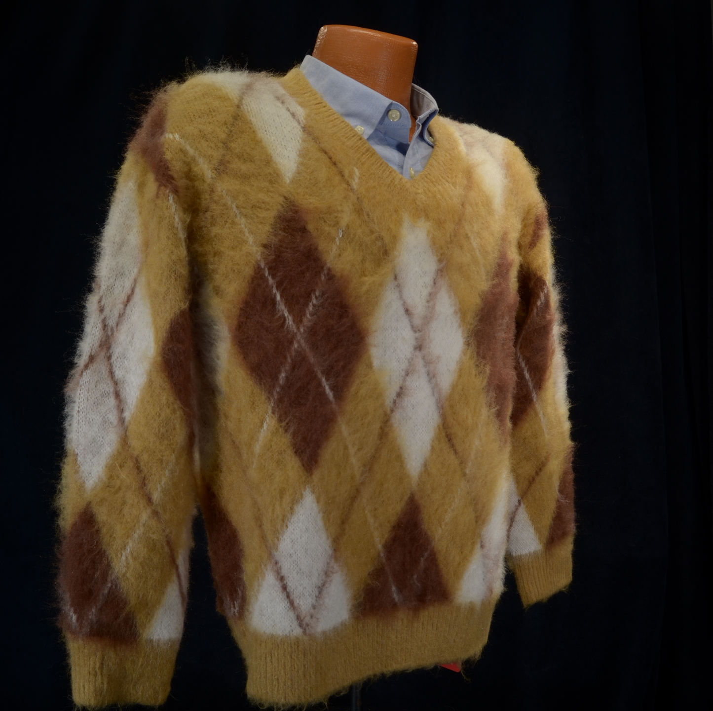 Fuzzy Argyle V-Neck Pullover Faux Mohair Sweater [618-037]