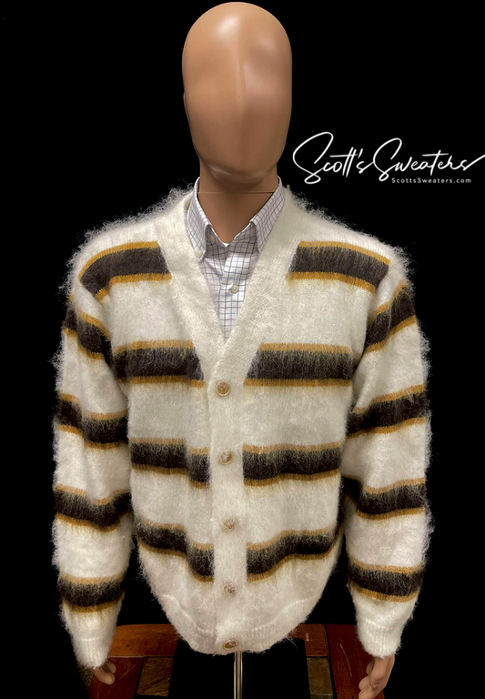 Men's Fuzzy Cardigan Faux Mohair Striped Sweater [#618-058]