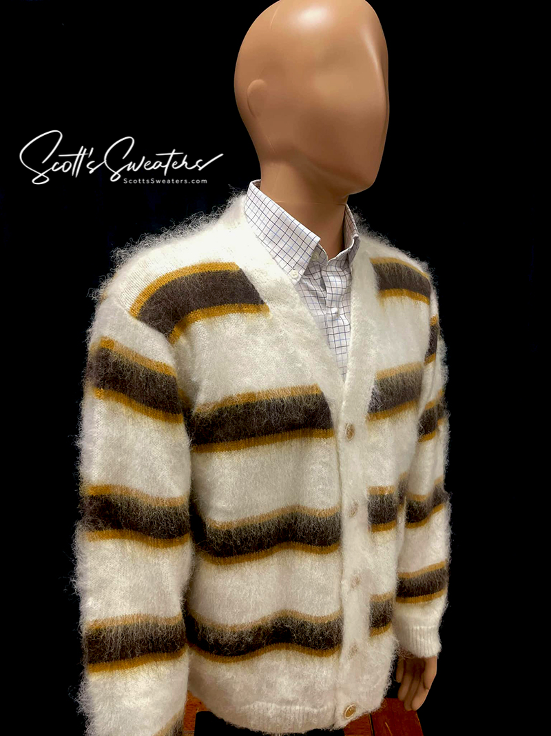 Men's Fuzzy Cardigan Faux Mohair Striped Sweater [#618-058]