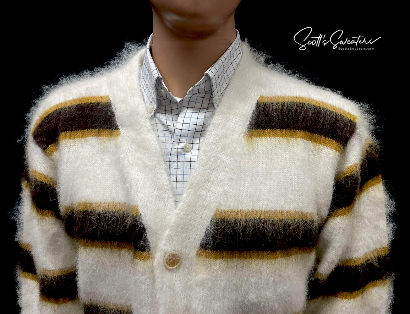 Men's Fuzzy Cardigan Faux Mohair Striped Sweater [#618-058]