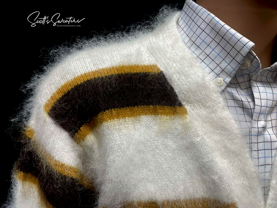 Men's Fuzzy Cardigan Faux Mohair Striped Sweater [#618-058]