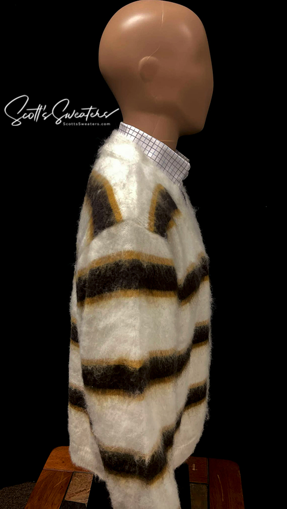 Men's Fuzzy Cardigan Faux Mohair Striped Sweater [#618-058]