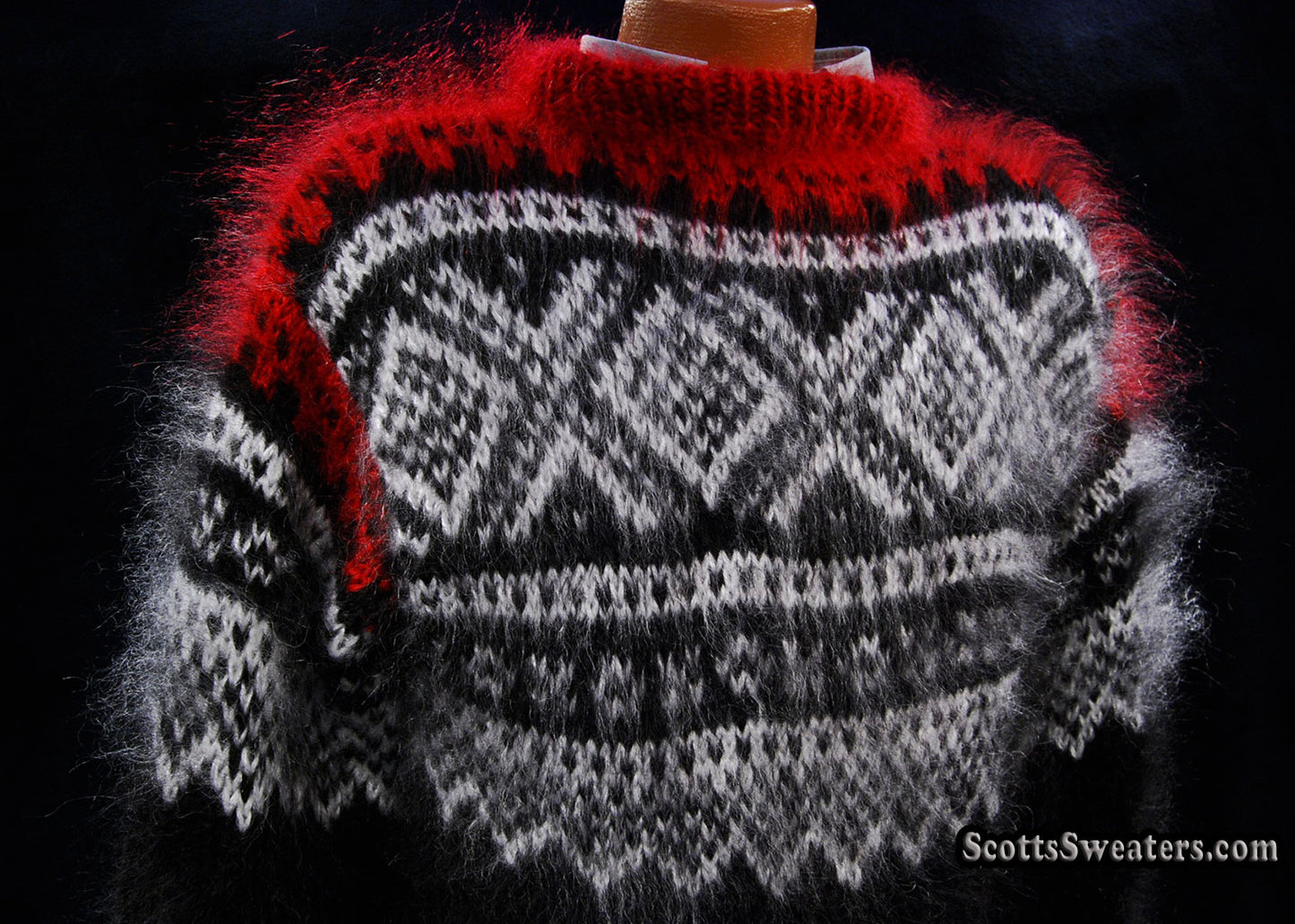 Men's Black Mohair Pullover Crewneck Sweater with Red and White Design [#700-038]